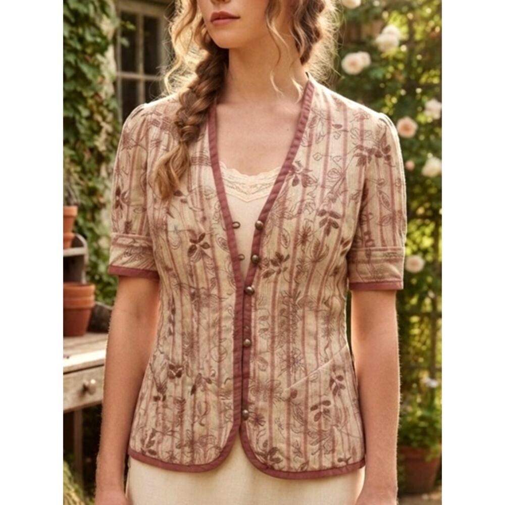 Vintage Multiples Embroidered Linen-Blend Retro Cottagecore Shacket/Blouse